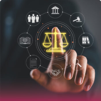 Person touching a digital interface with justice scale icon at the center, surrounded by legal symbols like a courthouse, gavel, book, and handshake, representing modern legal services.